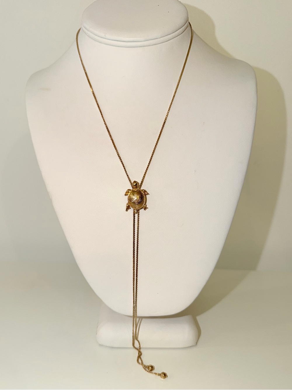 Vtg Signed Avon Gold-Tone Turtle Lariat Bolo Slide Necklace
